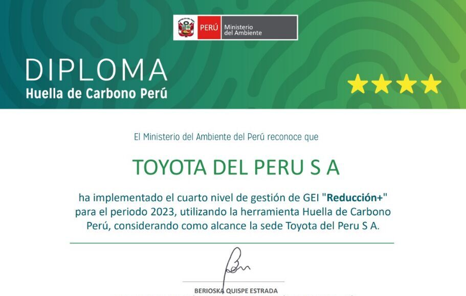 Toyota es la primera automotriz en obtener la cuarta estrella del programa Huella de Carbono Perú