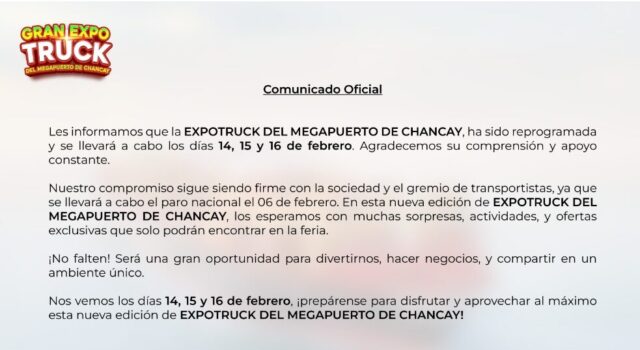 EXPOTRUCK: Reprogramación por el próximo paro de transportistas
